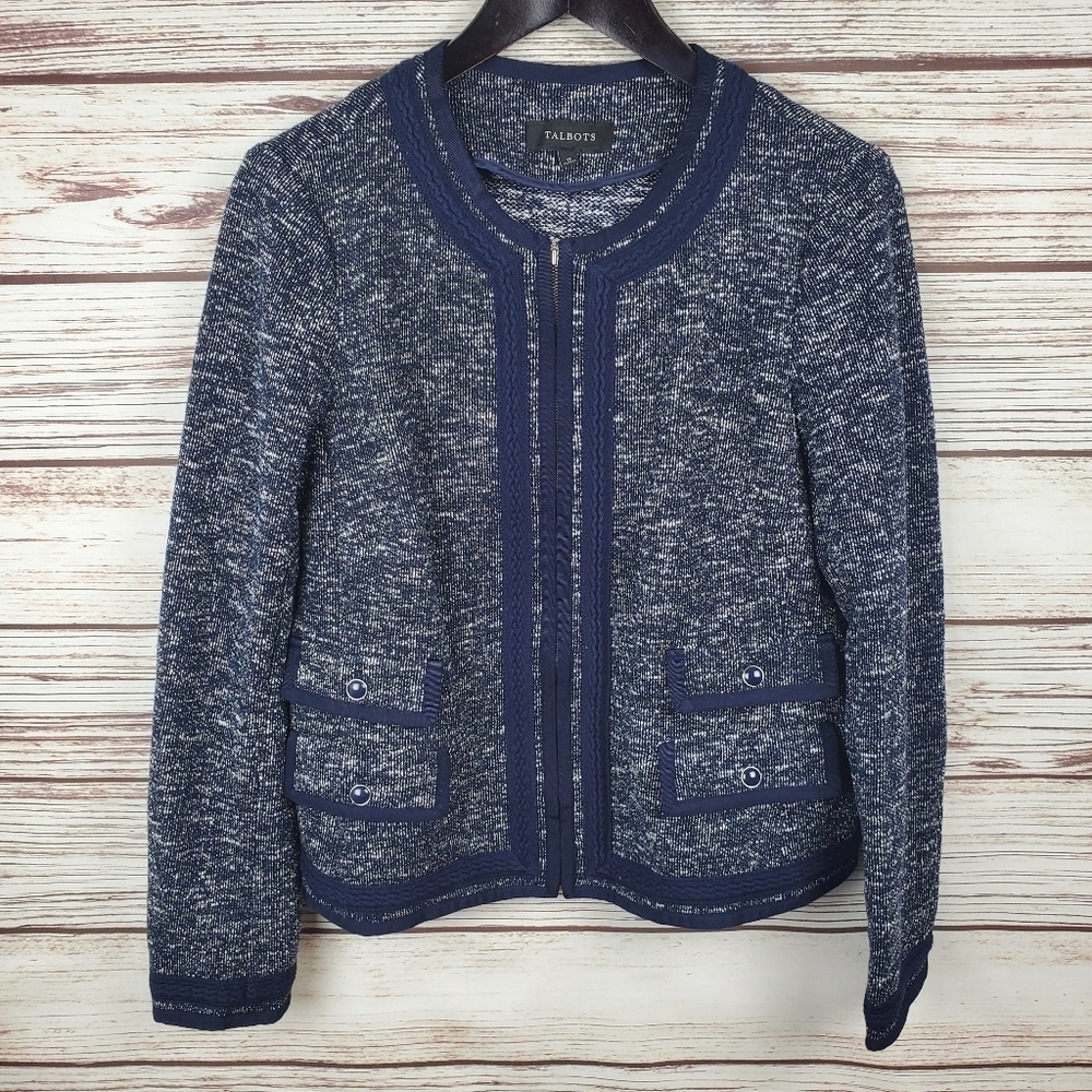 NWOT Talbots Womens Size 12 Navy Blue/White Tweed Zip Blazer Jacket